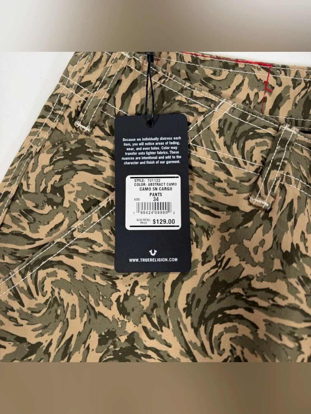 NWT True Religion Mens Size 34x32 Abstract Camo SN Cargo Pants Swirl Green $129